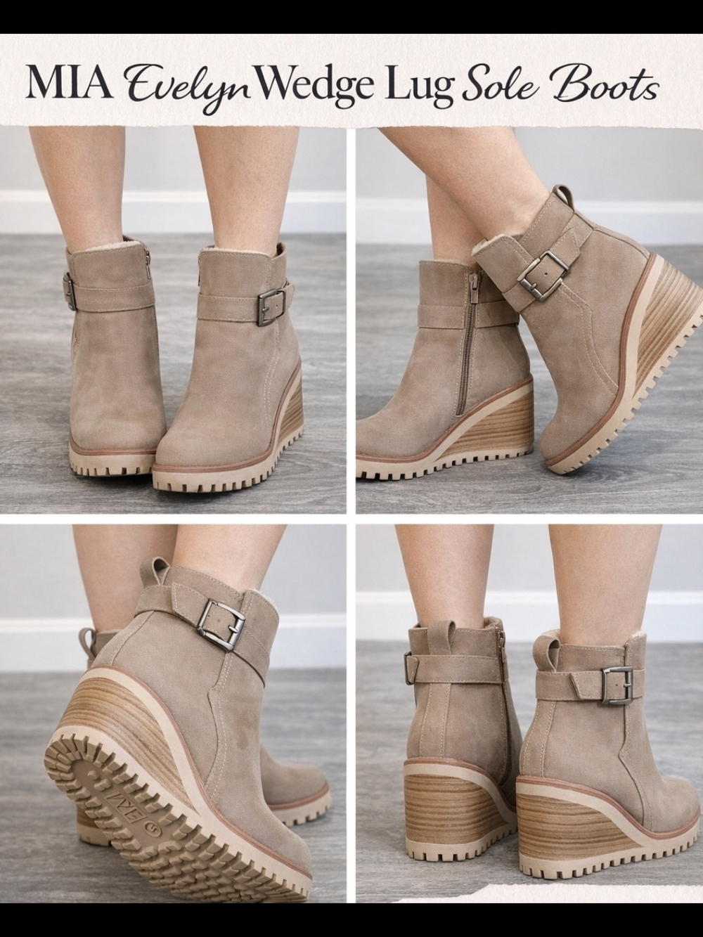MIA Taupe Suede Wedge Lug Sole Boots